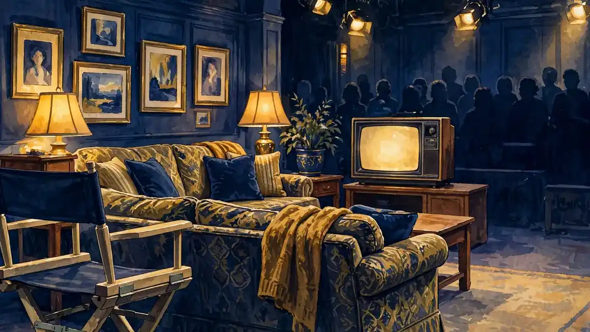 Stylized illustration of a 1990s television sitcom living room set with warm lighting and a studio audience silhouette, in navy and gold