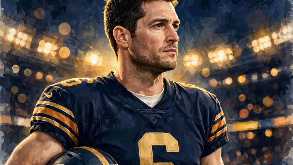 Stylized illustration of former NFL quarterback Jay Cutler in a navy Chicago Bears number 6 jersey holding his helmet under stadium lights