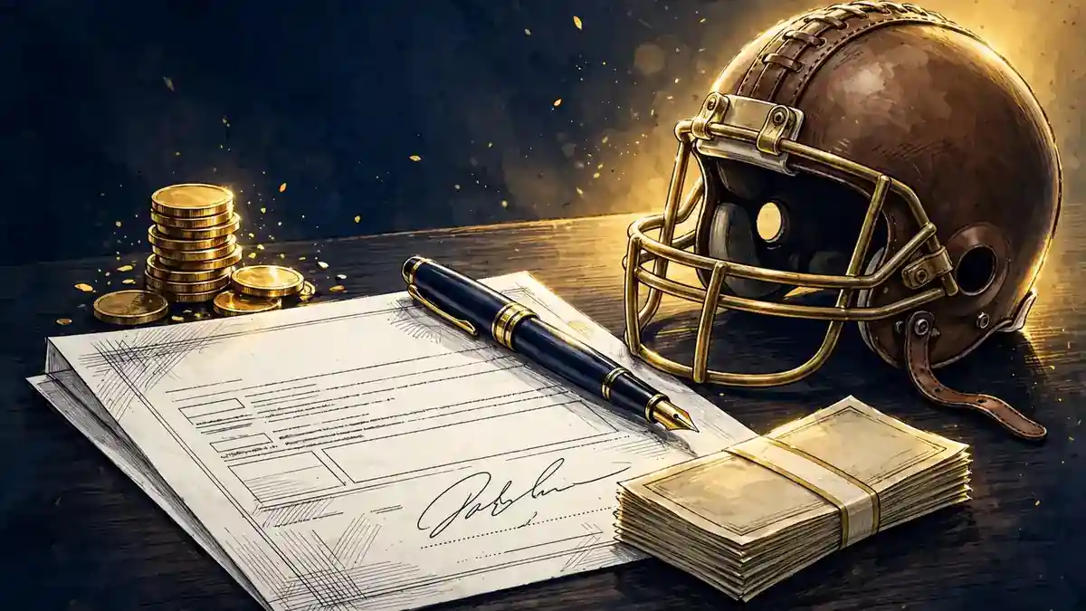 Illustration of an NFL contract, fountain pen, gold coins and a leather football helmet representing Jay Cutler's $122.2 million in career earnings