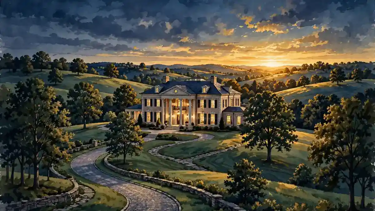 Illustration of a luxury Tennessee estate mansion at dusk representing Jay Cutler's Nashville real estate holdings