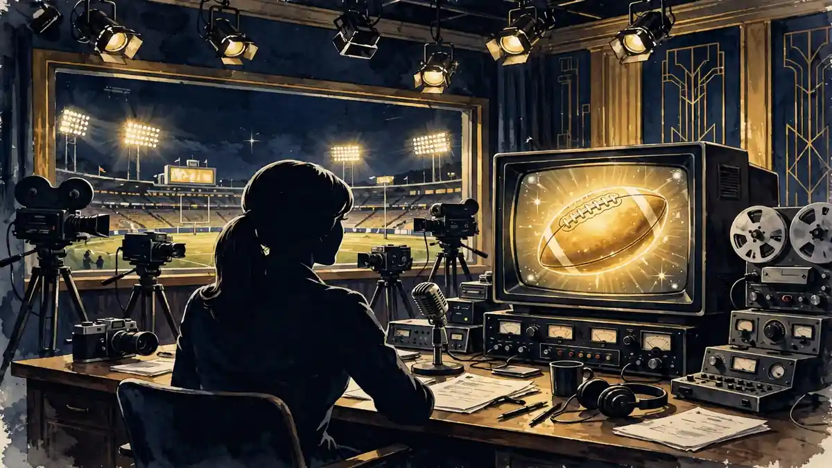 Illustration of a 1970s sports broadcast studio with vintage cameras and stadium lights in navy and gold