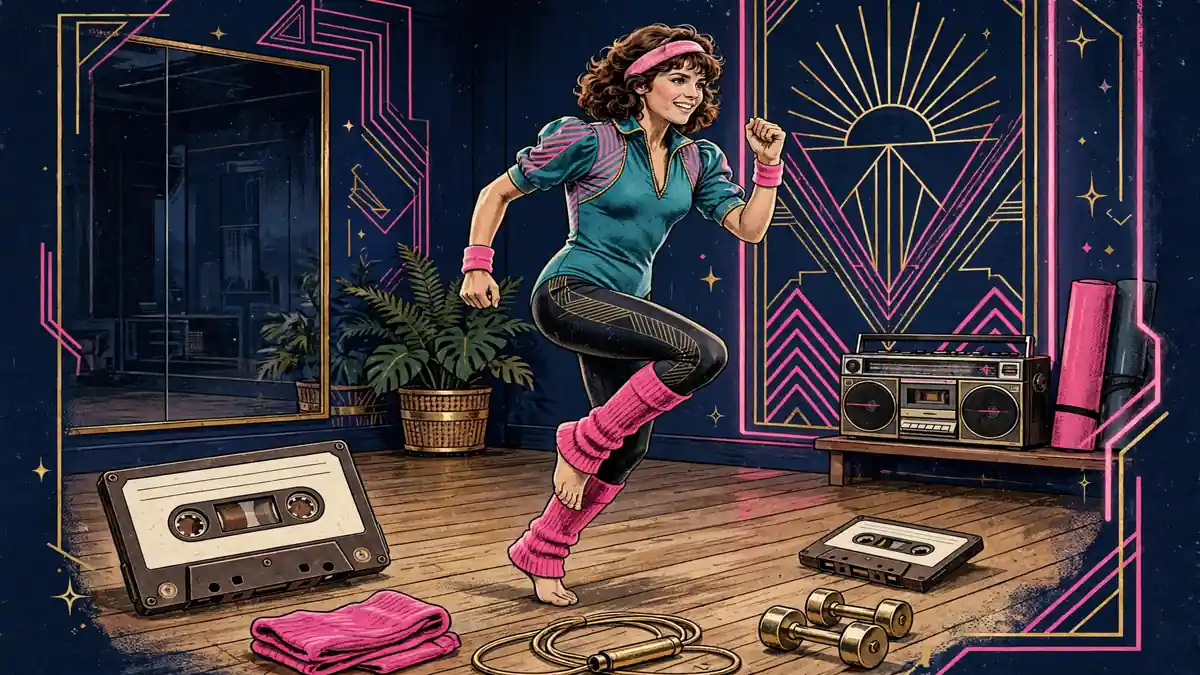 Retro 1980s aerobics and fitness video scene illustration in navy and gold