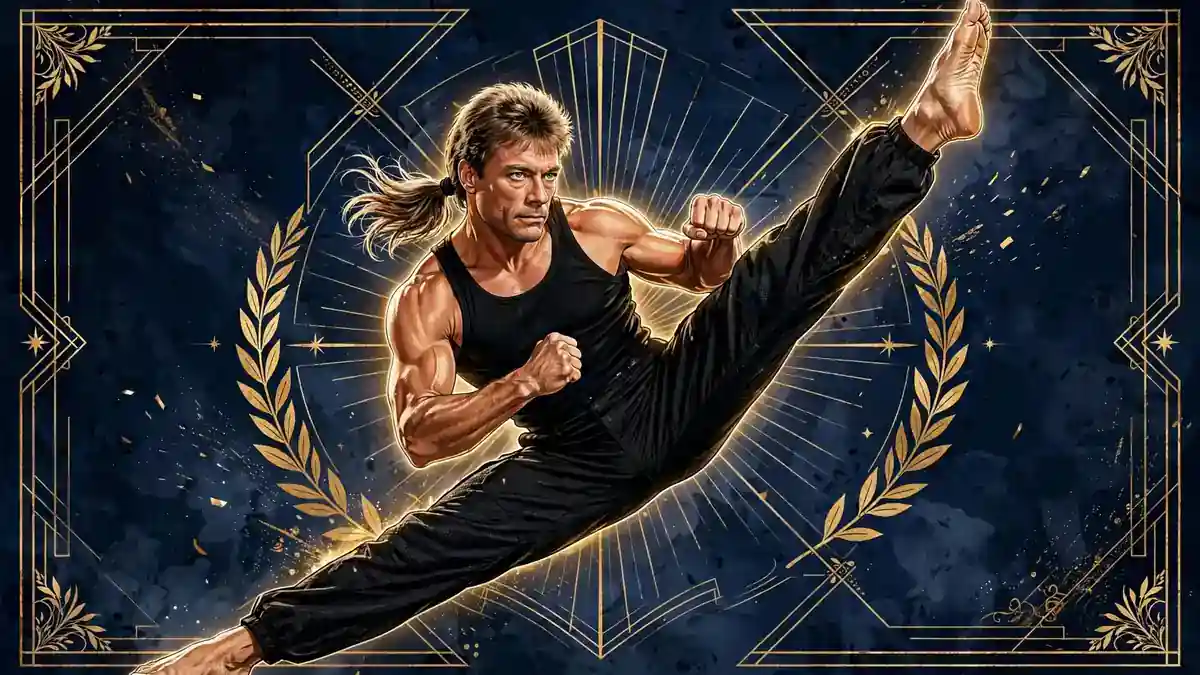 Stylized illustrated portrait of Jean-Claude Van Damme performing his signature split kick, in navy and gold editorial style