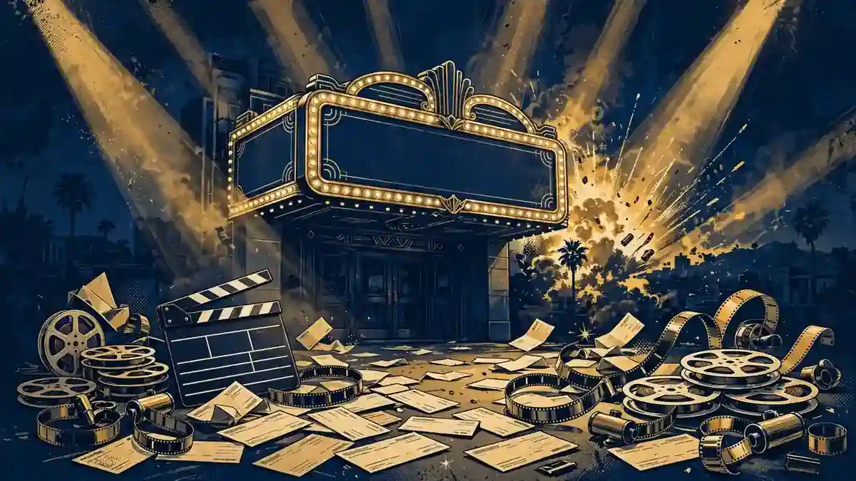 Editorial illustration of a 1990s Hollywood action cinema marquee with film reels and paychecks, in navy and gold