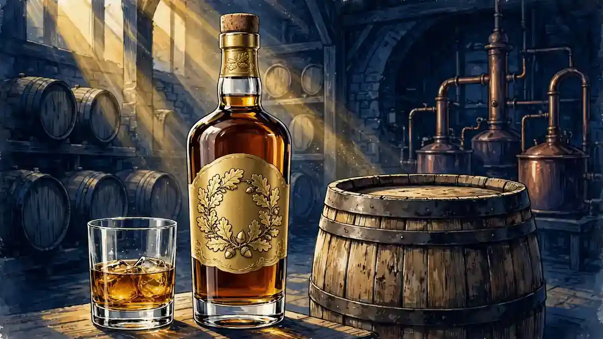 Editorial illustration of a premium Irish whiskey bottle with a gold oak-leaf label beside an oak barrel, in navy and gold