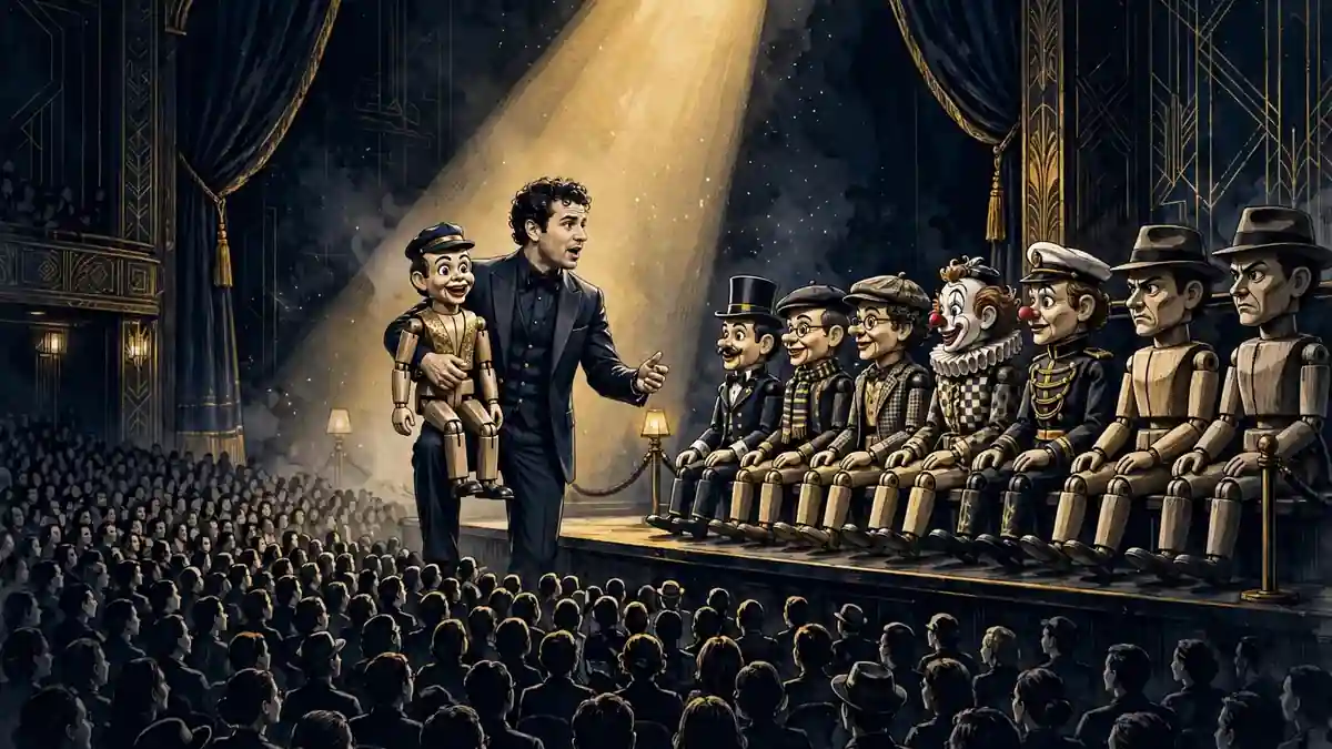 Illustration of a packed comedy arena with a ventriloquist on stage under a spotlight and a large audience