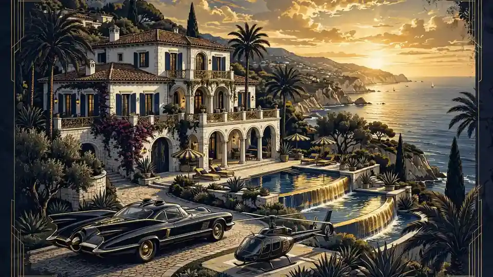 Illustration of a Mediterranean beach-view mansion with a pool, palm trees, a vintage car and a helicopter