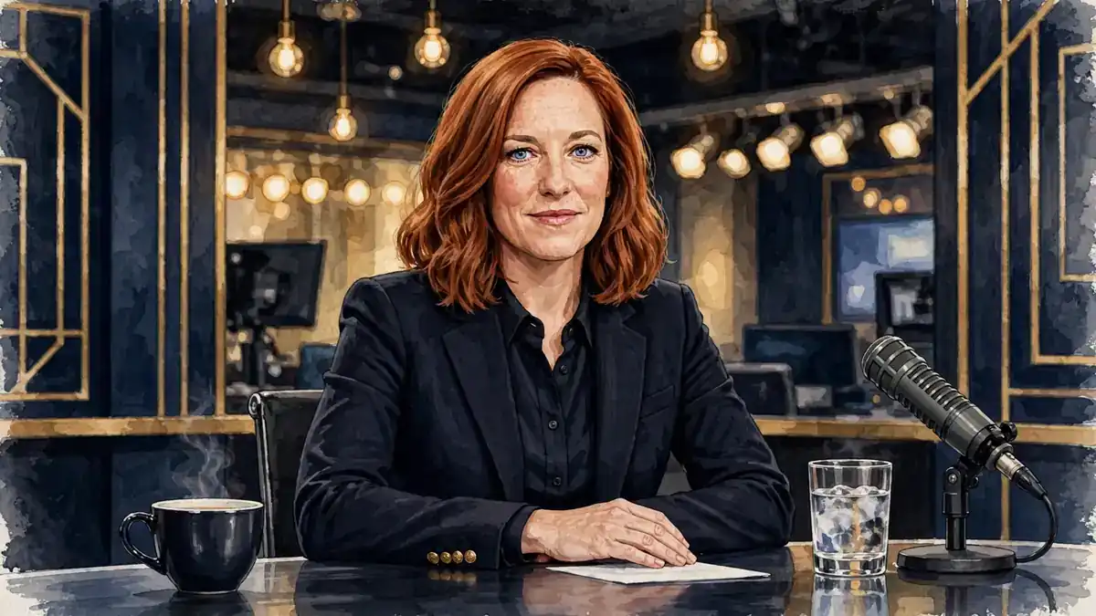 Stylized editorial illustration of Jen Psaki in a cable news studio, navy and gold tones