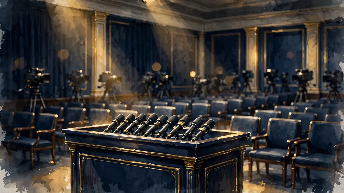 Illustration of a White House briefing room podium with microphones, navy and gold editorial style