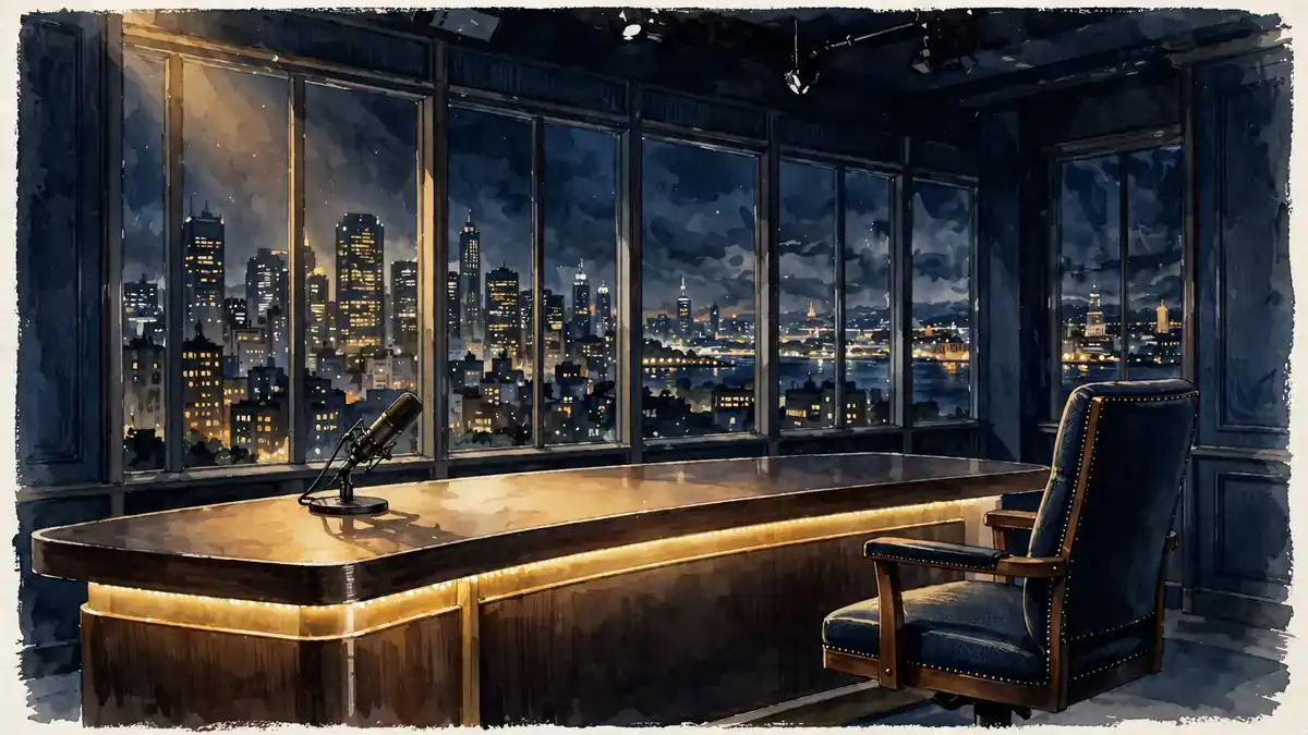 Illustration of a cable news primetime studio desk at night, navy and gold editorial style