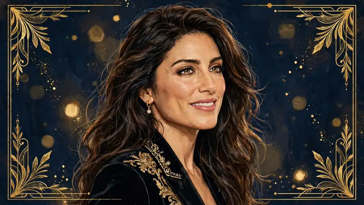 Illustrated portrait of actress Jennifer Esposito in navy and gold editorial style