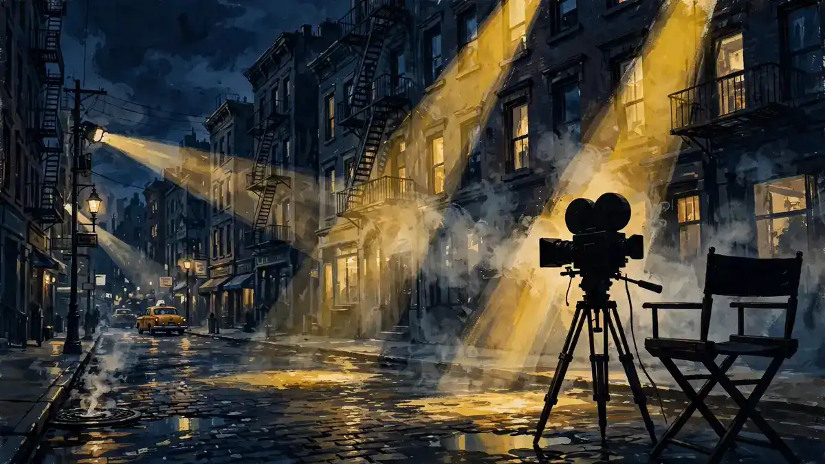 Illustration of a New York film set at dusk evoking the Fresh Kills production
