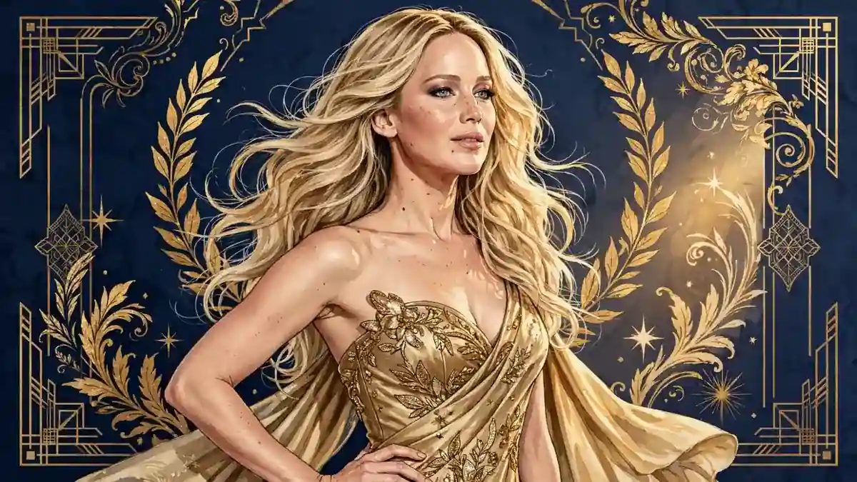 Stylized illustrated portrait of Jennifer Lawrence in a gold gown against a deep navy background