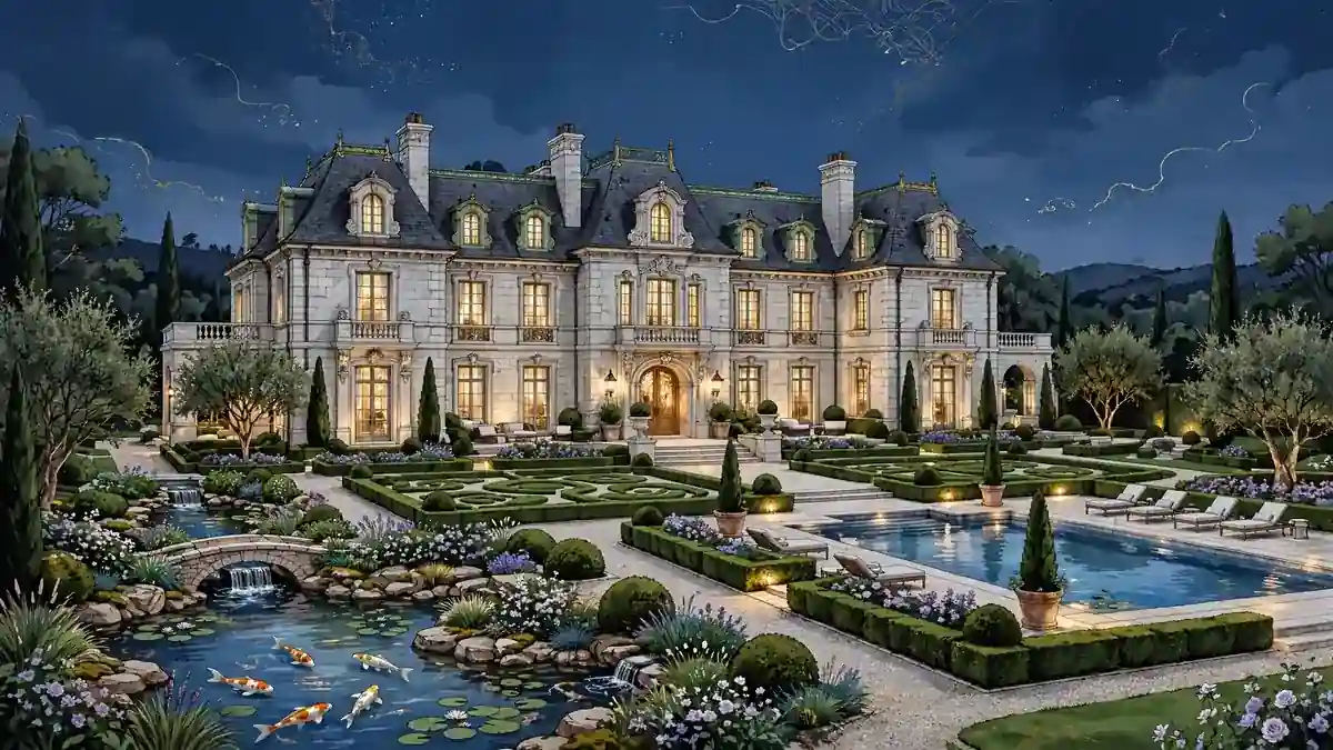 Illustration of a French-style Beverly Hills mansion at dusk with gardens and pool