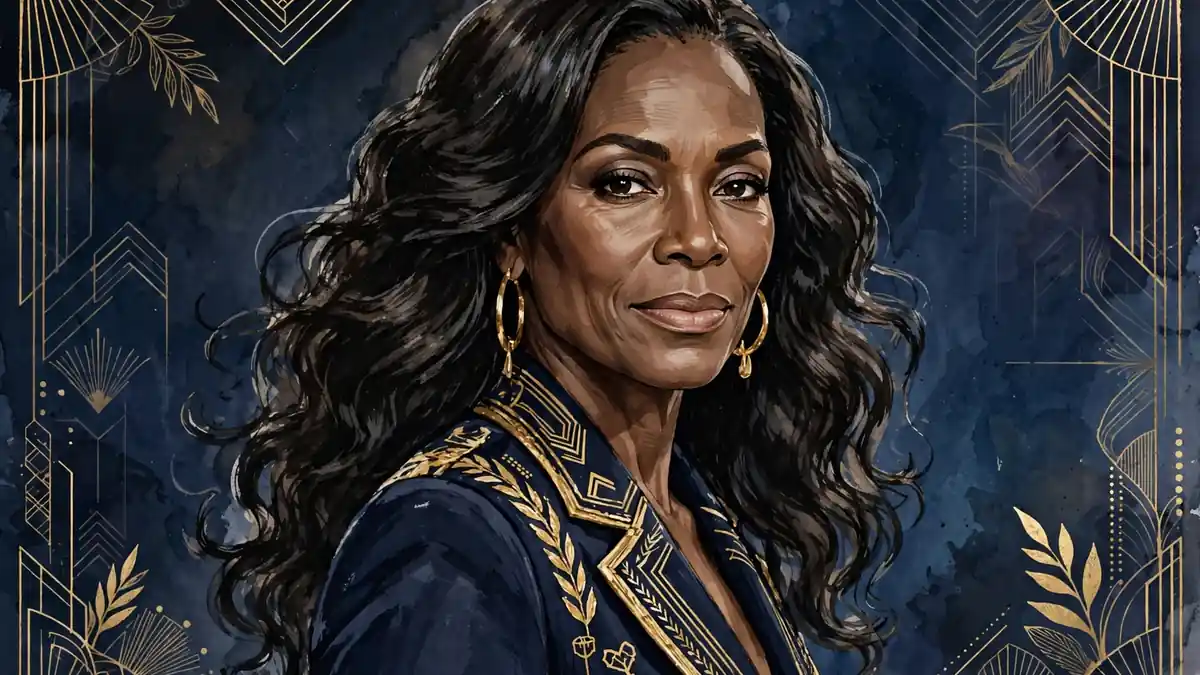 Illustrated portrait of Jennifer Williams in a navy blazer with gold trim, on a dark navy editorial background