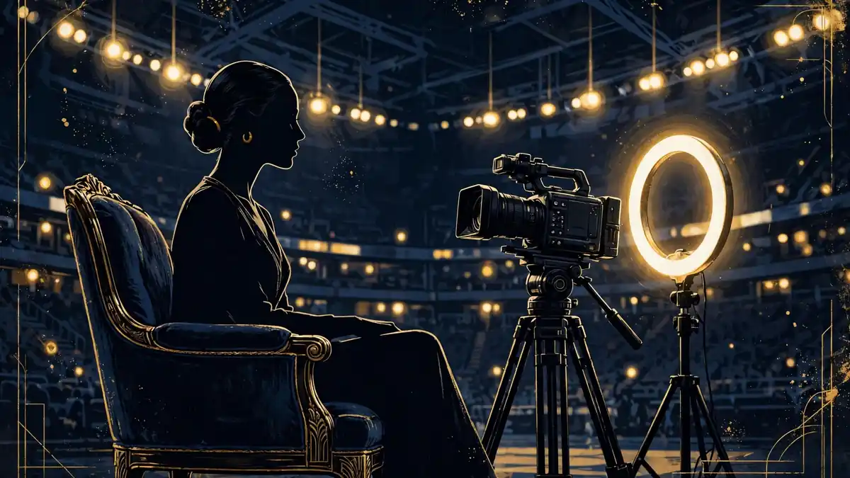 Illustrated reality TV confessional scene with a camera and ring light
