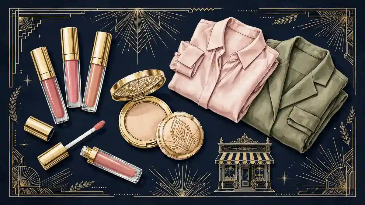 Illustrated arrangement of cosmetics and boutique garments on a navy background