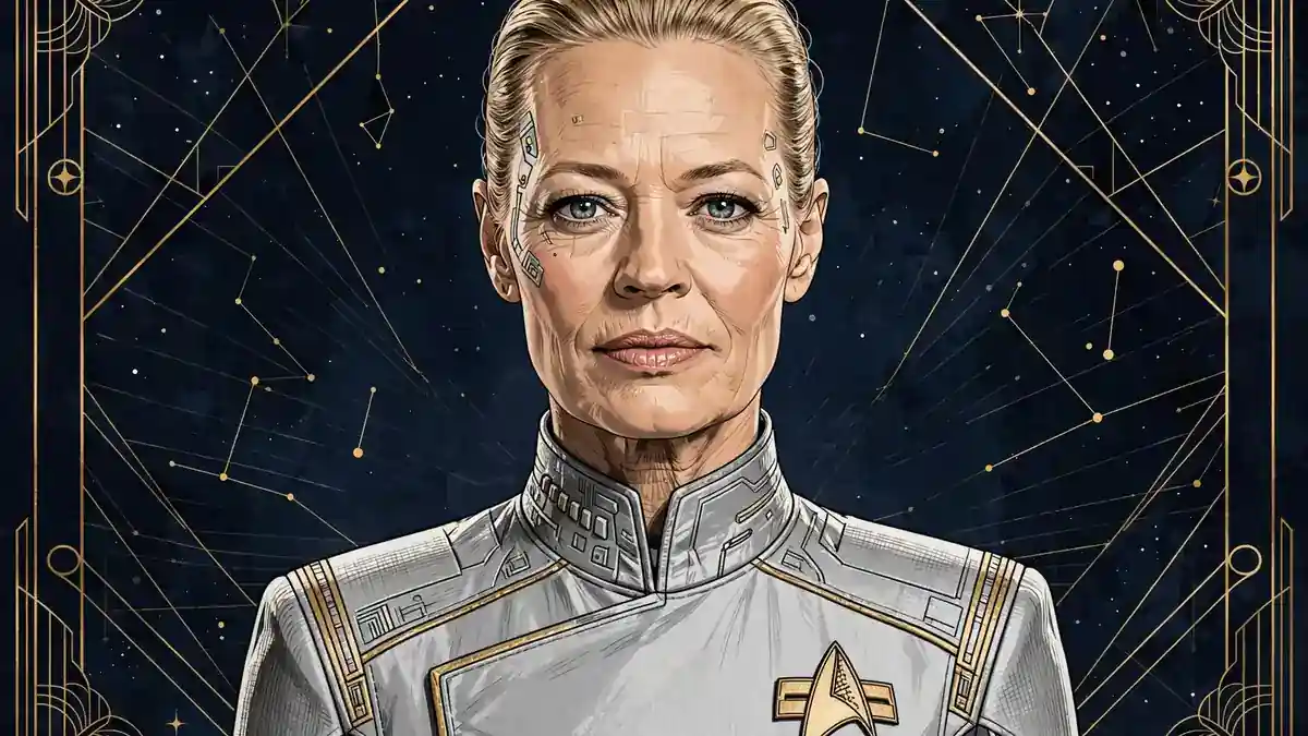 Stylized illustrated portrait of Jeri Ryan as Seven of Nine in navy and gold editorial style