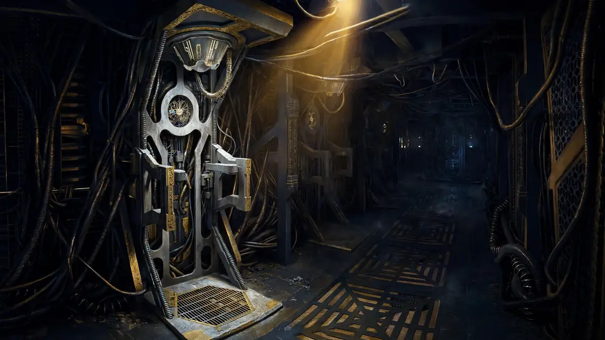 Illustration of a Borg regeneration alcove chamber in navy and gold tones
