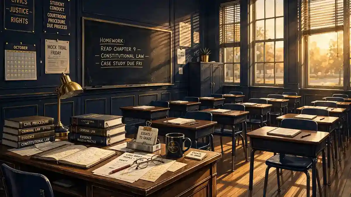 Illustration of a television drama classroom set in navy and gold tones