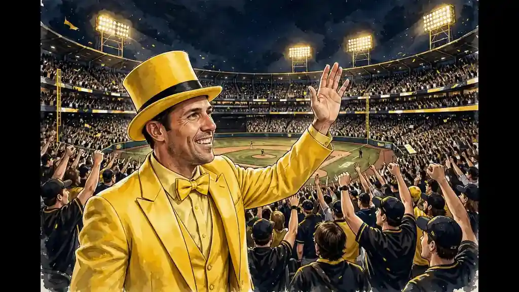 Stylized editorial illustration of Jesse Cole, owner of the Savannah Bananas, in his signature yellow tuxedo and top hat, waving to a packed baseball stadium at night