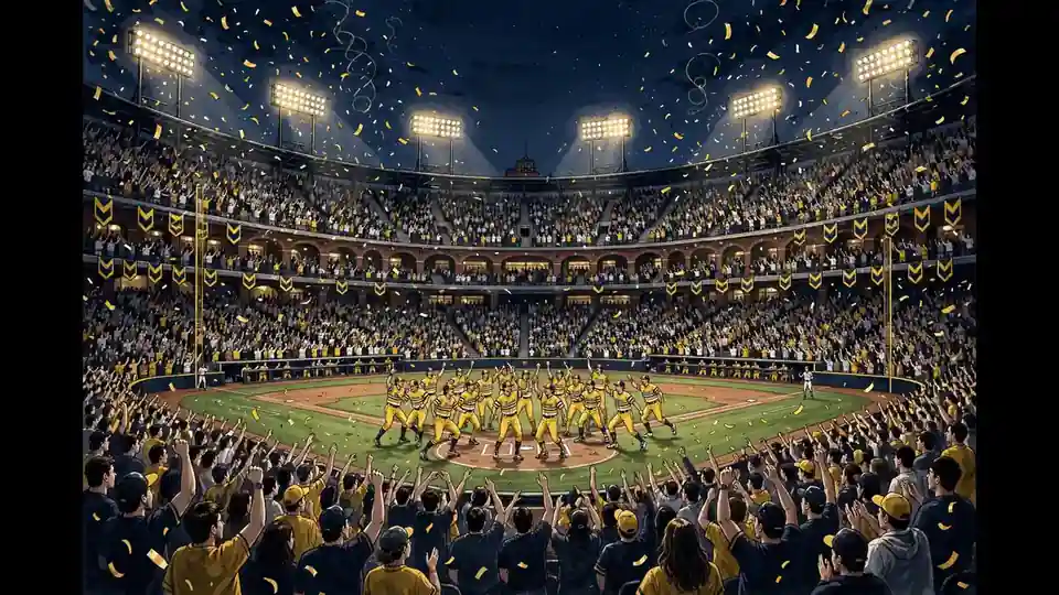 Editorial illustration of a packed Banana Ball stadium at night, with dancing players, yellow confetti and a cheering crowd, in dark navy and gold tones