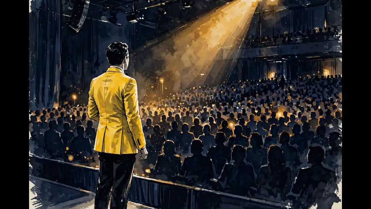 Editorial illustration of a keynote speaker in a bright yellow tuxedo on a dark navy stage, addressing a large corporate audience, with warm gold spotlight