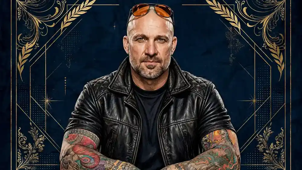 Illustrated portrait of Jesse James, the custom motorcycle builder and Monster Garage host