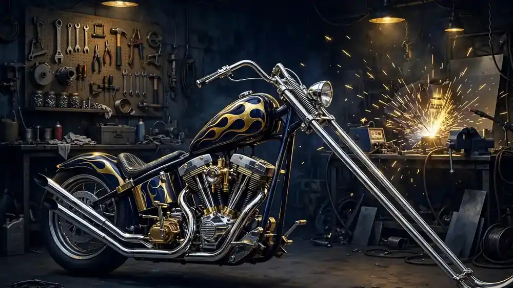 Illustration of a custom chopper motorcycle displayed in a workshop