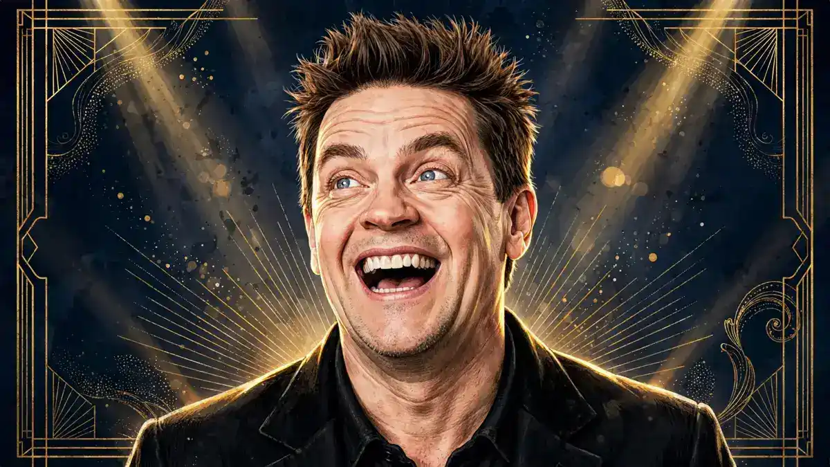 Stylized editorial portrait of comedian Jim Breuer laughing, dark navy and gold illustration