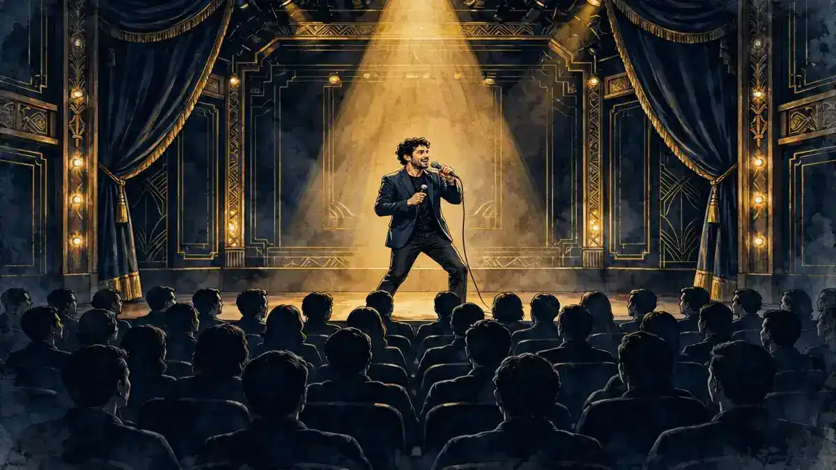 Illustration of a stand-up comedian performing on a theater stage before a packed audience