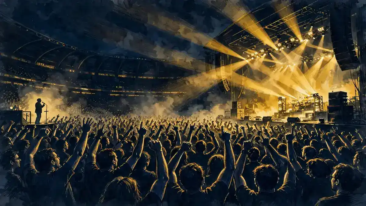 Illustration of a heavy metal arena concert crowd with a comedian performing at the side of the stage