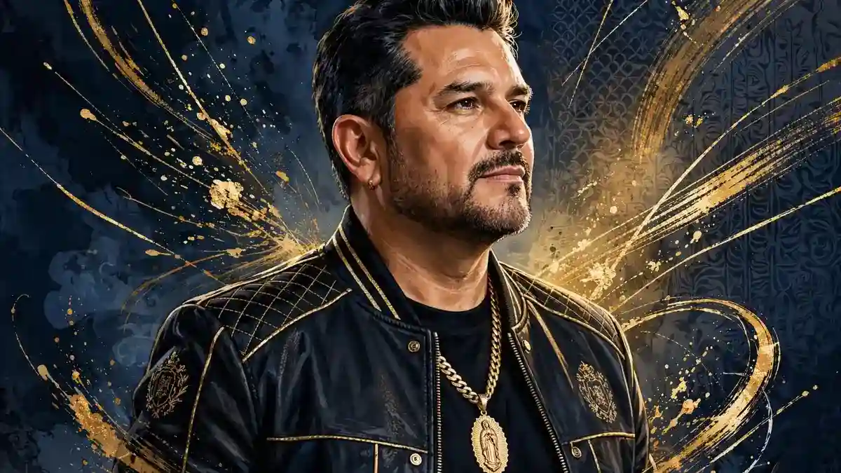 Stylized navy and gold editorial portrait of Jimmy Humilde, founder and CEO of Rancho Humilde