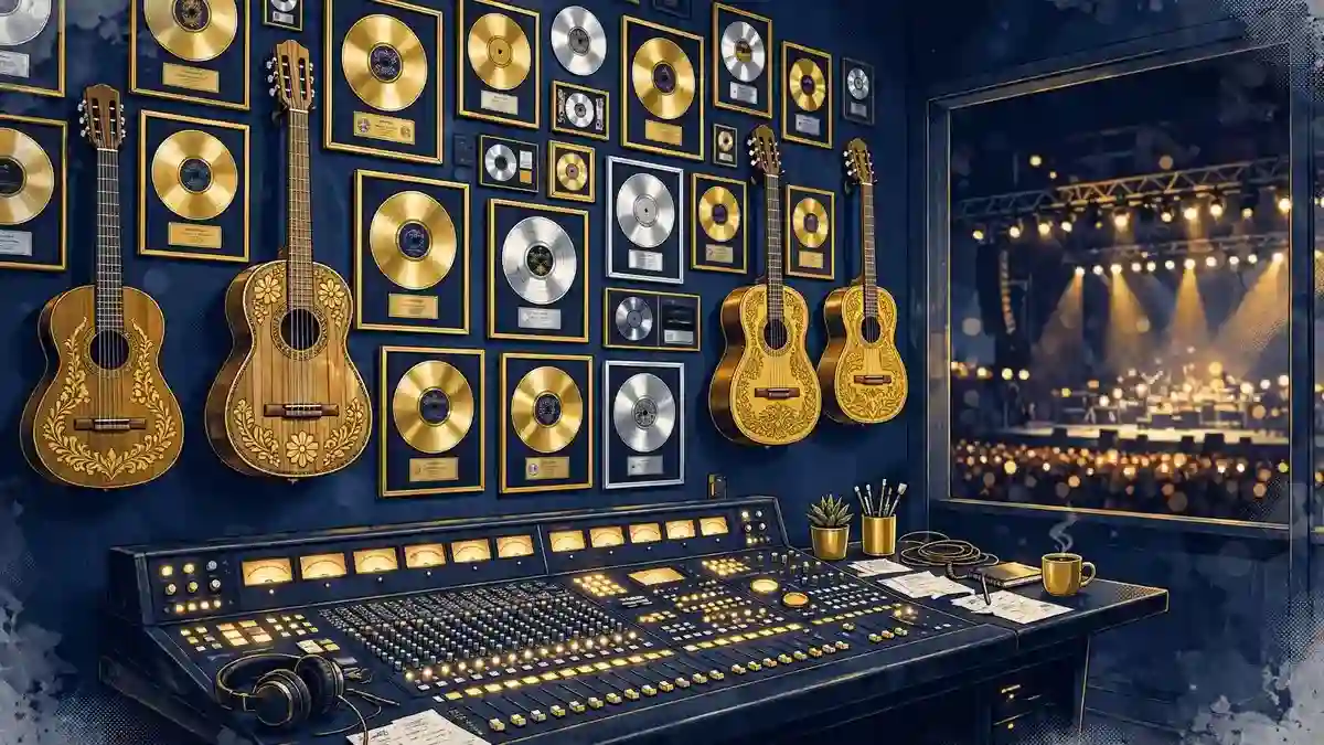 Illustration of a record label office with gold and platinum award plaques, corrido guitars, and a mixing desk in navy and gold