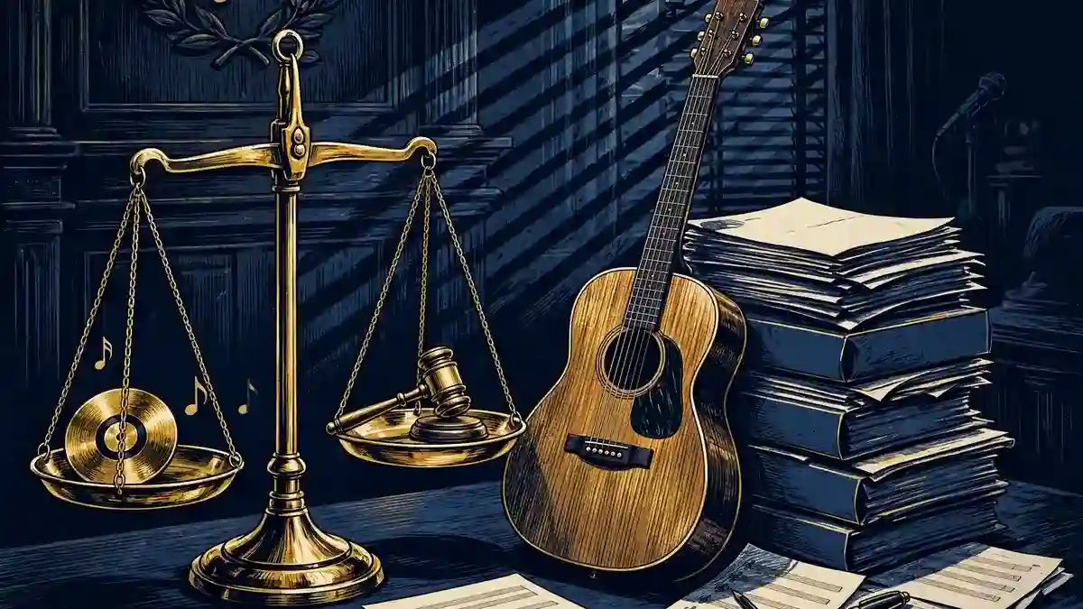 Illustration of a courtroom scene with brass scales of justice, a corrido guitar, and stacked legal documents in navy and gold