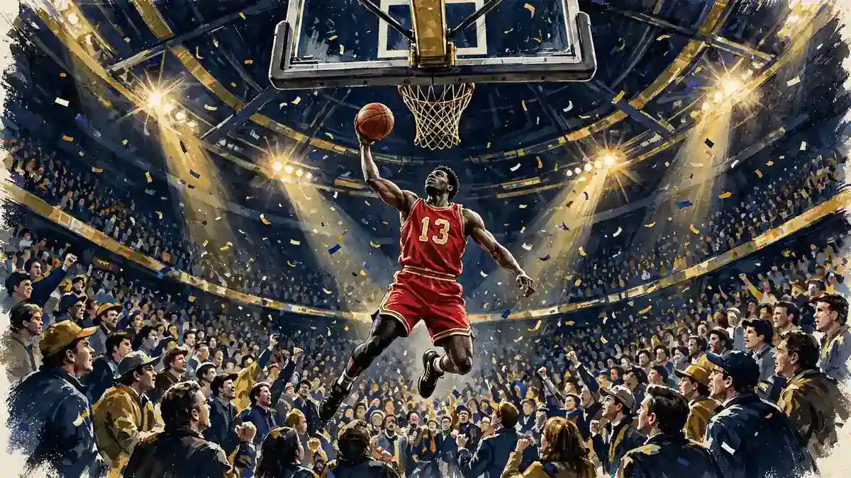 Illustrated basketball player dunking in a packed arena in navy and gold tones