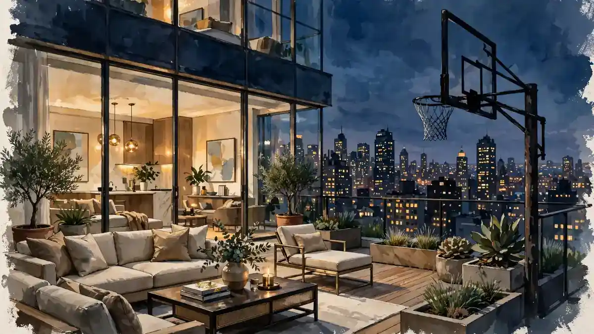 Illustrated Manhattan penthouse terrace at dusk with basketball hoop silhouette and skyline
