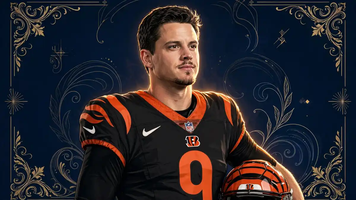 Stylized navy-and-gold editorial portrait illustration of Cincinnati Bengals quarterback Joe Burrow
