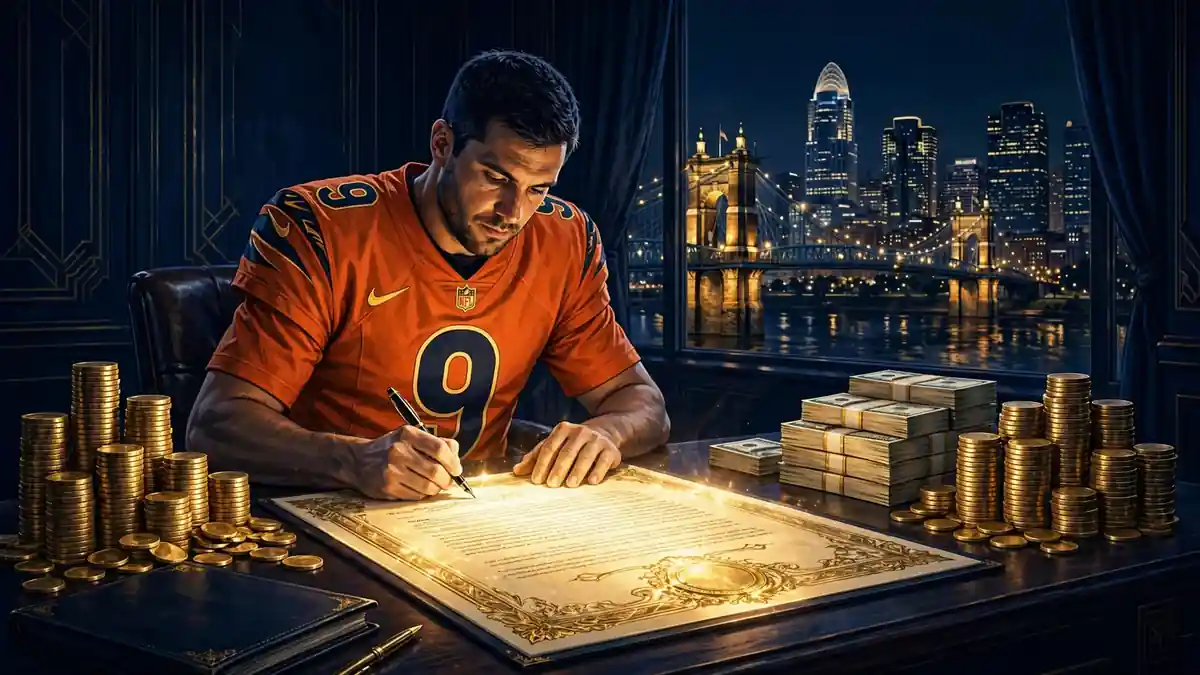 Editorial illustration of an NFL quarterback in a Bengals number 9 jersey signing a glowing golden contract at a desk