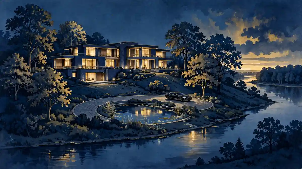 Editorial illustration of a grand modern estate on a hill overlooking a river at dusk, representing Joe Burrow's Ohio home