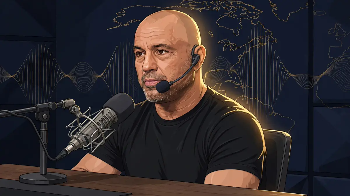 Stylized illustrated portrait of Joe Rogan wearing a headset microphone in a navy and gold podcast studio