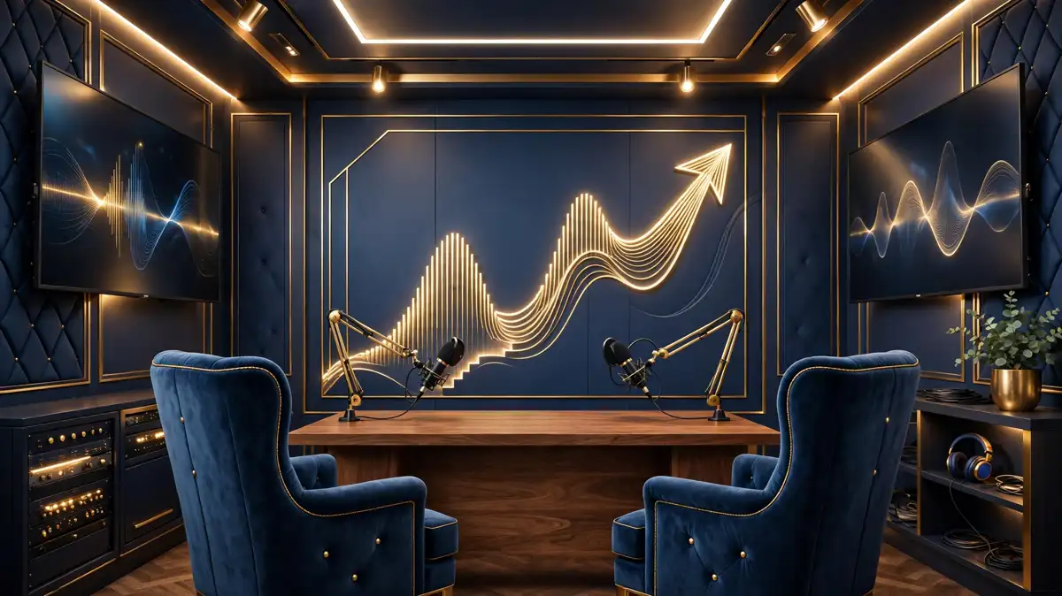 Illustrated podcast studio with two armchairs, microphones and a glowing gold waveform chart rising upward