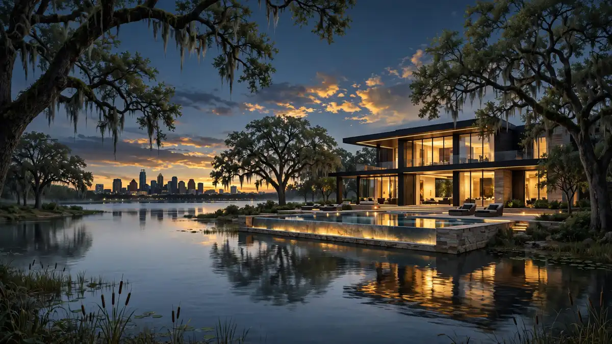 Illustrated modern lakefront mansion at dusk on Lake Austin with infinity pool and downtown skyline