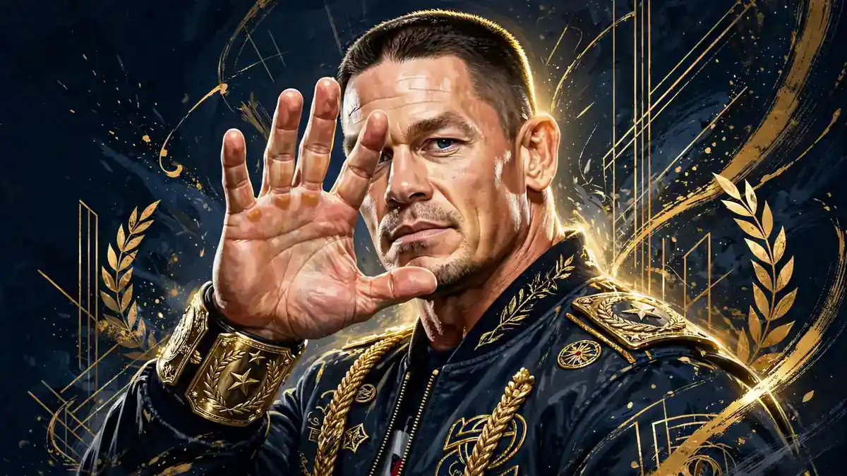 Illustrated portrait of John Cena in navy and gold editorial style