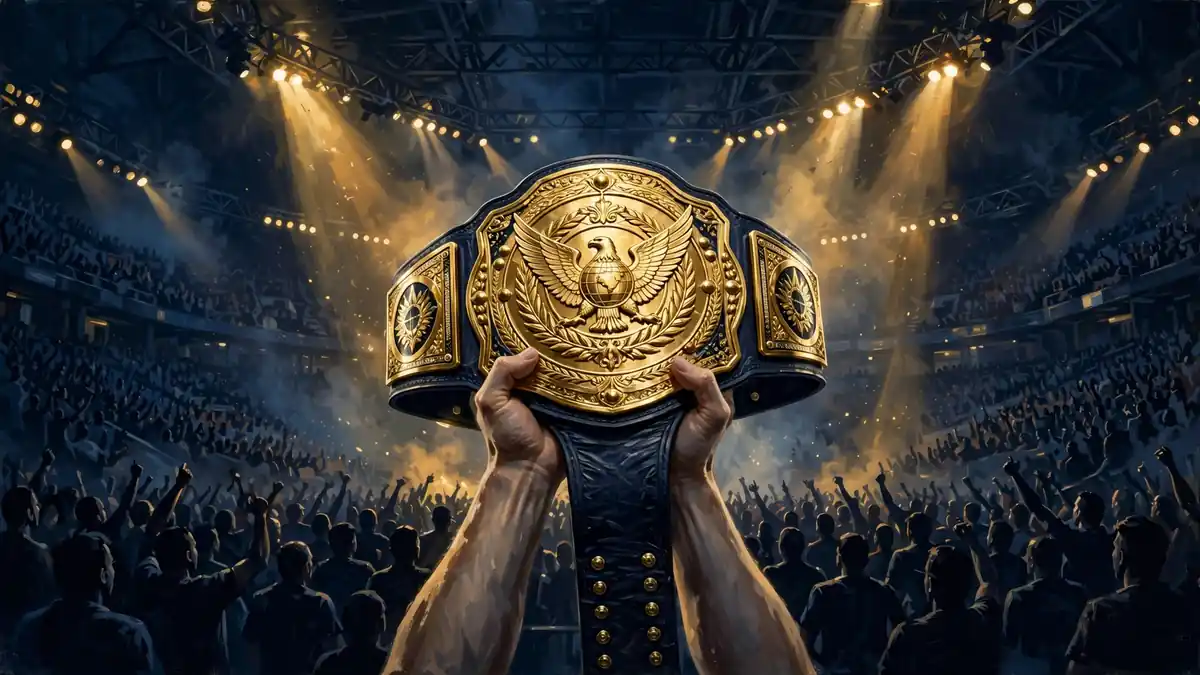 Illustration of a WWE championship belt in a packed wrestling arena, gold and navy tones