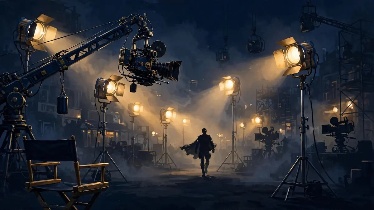 Illustration of a Hollywood film set with cameras and an action hero silhouette, navy and gold tones