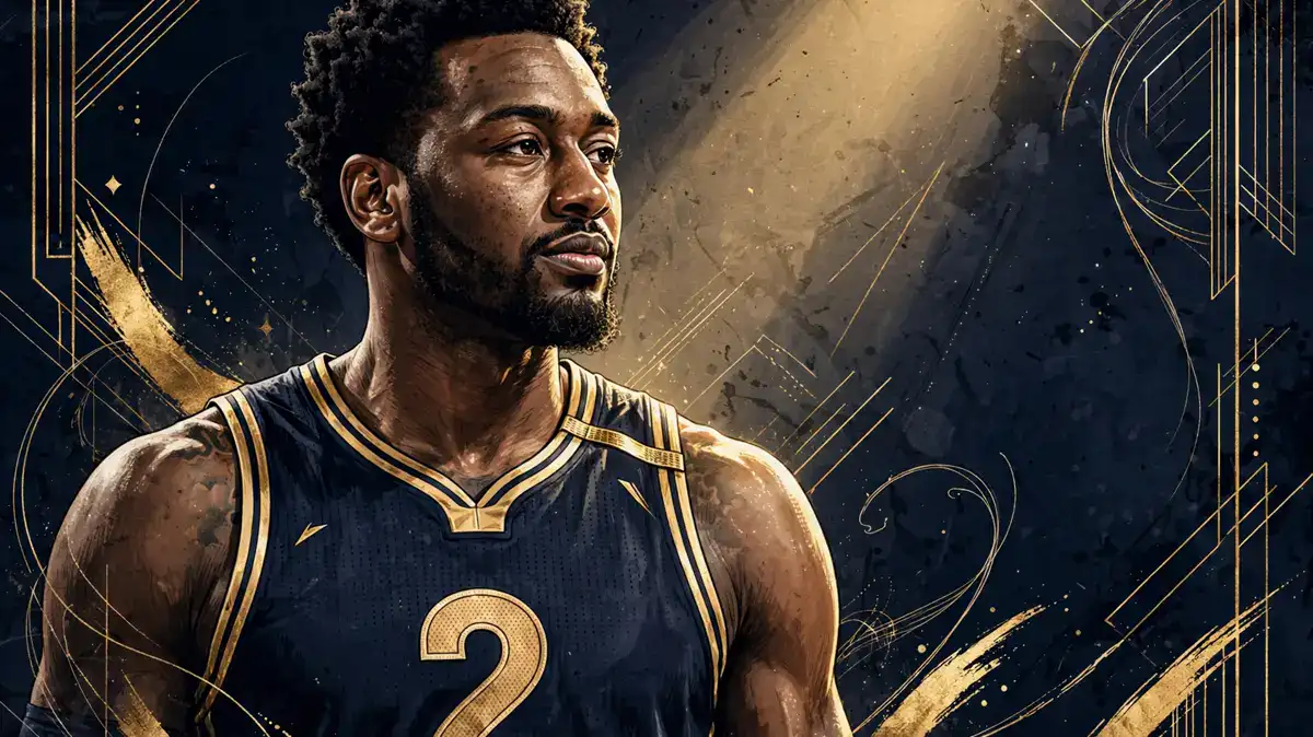 Illustrated portrait of John Wall wearing a navy basketball jersey, rendered in gold and navy editorial style