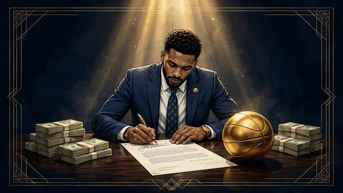 Illustration of a basketball player signing a large contract with a gold pen beside stacks of dollar bills