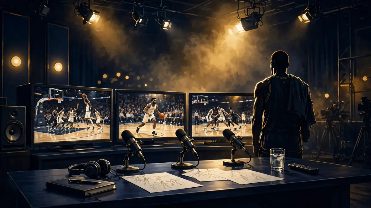 Illustration of a basketball analyst studio desk with microphones and monitors at night