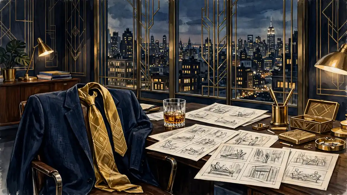 Navy and gold editorial illustration of a 1960s advertising executive's desk evoking Jon Hamm's Don Draper era